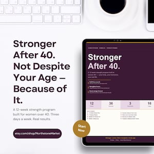 May include: A digital tablet displays the text "Stronger After 40" with program details. The image includes a keyboard, a coffee cup, and a phone. The program is a 12-week strength training plan for women over 40.