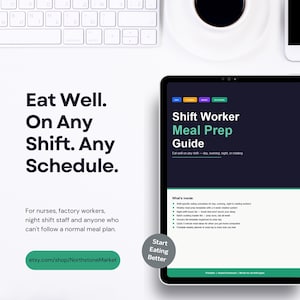 May include: A digital tablet shows a "Shift Worker Meal Prep Guide" with a dark blue background. The text "Eat Well. On Any Shift. Any Schedule." is on the left. A white keyboard, coffee cup, and phone are also visible.