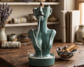 Quemador de incienso de reflujo con forma de diosa, soporte de cerámica con forma de busto femenino para meditación y decoración zen, regalo espiritual único, adorno para el hogar hecho a mano