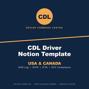May include: A dark blue digital graphic with a dotted grid pattern featuring an orange circle containing the text CDL. Below, the text reads DRIVER COMMAND CENTRE, CDL Driver Notion Template, USA & CANADA, HOS Log, DVIR, IFTA, and DOT Compliance.