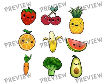 Cute Fruit and Vegetable SVG PNG EPS Clip Art Pack | Kawaii Food Digital Stickers | Sublimation Graphic Elements for Cricut