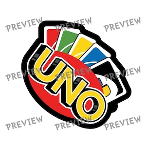 May include: A sticker featuring the word "UNO" in yellow, outlined in black, set against a red oval. The design includes a fan of colorful playing cards in green, yellow, blue, and red, with a black border.