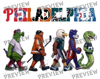 Philadelphia Sports Mascots Digital Design | Retro Crosswalk Comic Cartoon Graphic PNG | Broad Street Hockey Baseball Football