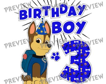 3rd Birthday Boy Police Dog Digital Design | Third Bday Puppy Graphic PNG | Rescue Dog Party Printable | Blue Dog Sublimation