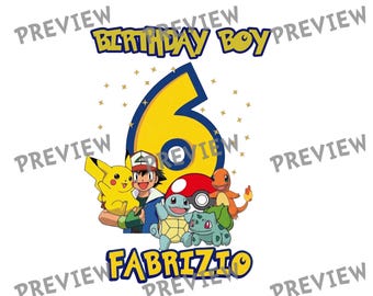 6th Birthday Boy Anime Monster Digital Design | Pocket Creature Party Printable | Custom Name Gamer Graphic PNG | Trainer Sublimation