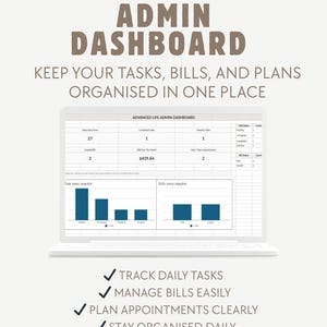 Op de afbeelding: Een witte laptop toont een digitaal dashboard met grafieken en gegevens. De tekst "SIMPLE LIFE ADMIN DASHBOARD" staat bovenaan. Extra tekst bevat "KEEP YOUR TASKS, BILLS, AND PLANS ORGANISED IN ONE PLACE" en opsommingstekens: "TRACK DAILY TASKS".