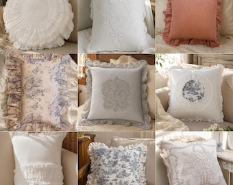 Handmade Linen Pillow Cover with Ruffles, Lace and Embroidery, Cottagecore Cushion Cover