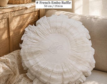 Handmade Linen Pillow Cover with Ruffles, Lace and Embroidery, Cottagecore Cushion Cover