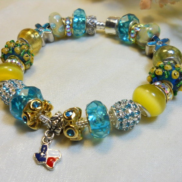 Yellow Rose of Texas Bracelet, European Style Beaded Bracelet, Texas Charm Bracelet, Yellow and Blue Beaded Charm Bracelet