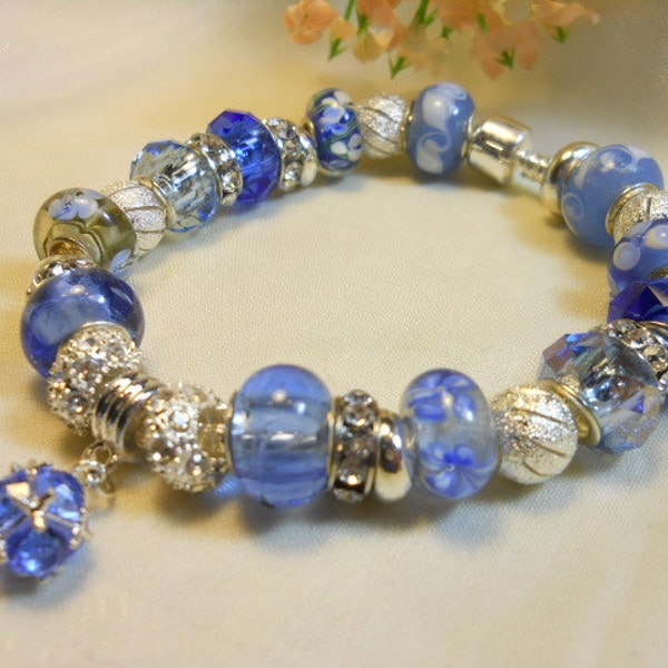 Denim Blue Bracelet, Light Blue Murano Glass Beaded Bracelet, European Style, Ladies Bracelet