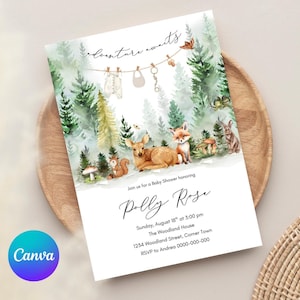 May include: Baby shower invitation with a watercolor forest scene. The invitation features a deer, fox, squirrel, and rabbit. Text includes "adventure awaits" and details for Polly Rose's baby shower.
