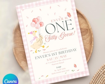 Invitación de primer cumpleaños de Silly Goose, plantilla de cuadros vichy con margaritas rosas (descarga digital)