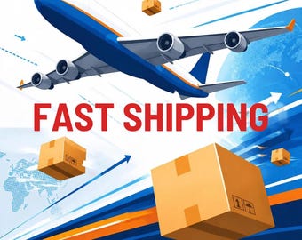 May include: A white and blue airplane flying diagonally across the frame above several brown cardboard shipping boxes. The text FAST SHIPPING is printed in bold red capital letters in the center of the graphic illustration.
