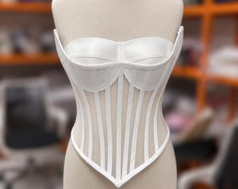 Top corsetto in rete trasparente, lingerie da sposa, strutturato, con ferretto, scollo a cuore, supporto in vita, realizzato a mano per feste di matrimonio.
