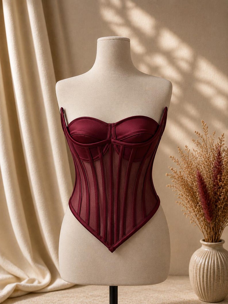 May include: A deep burgundy corset top featuring a sweetheart neckline, structured cups, and vertical boning channels. The bodice is constructed with a combination of opaque satin panels and sheer mesh inserts, ending in a pointed hemline.