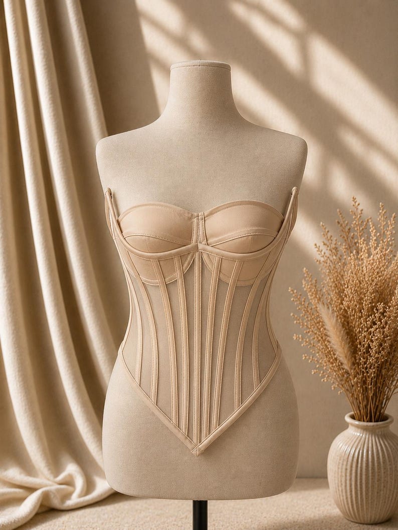 May include: A beige strapless corset top featuring structured cups and vertical boning channels. The garment is constructed with a combination of opaque fabric panels and sheer mesh inserts, creating a defined silhouette with a pointed hemline.