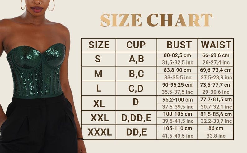 May include: A size chart table with the heading SIZE CHART, listing sizes S through XXXL with corresponding cup, bust, and waist measurements in centimeters and inches. Next to the table is a dark green sequined strapless corset top.