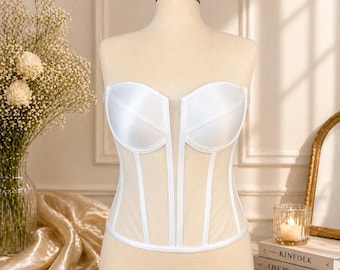 Sheer Corset Top Strapless Bustier Satin Boned Mesh Tube Party Club Bridal Going Out Lingerie Inspired Blouse