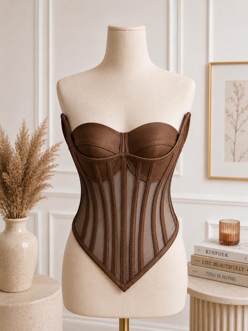 May include: A strapless brown corset top featuring structured cups and vertical boning channels. The bodice is constructed with opaque brown fabric panels alternating with sheer mesh inserts, creating a defined silhouette with a pointed hemline.