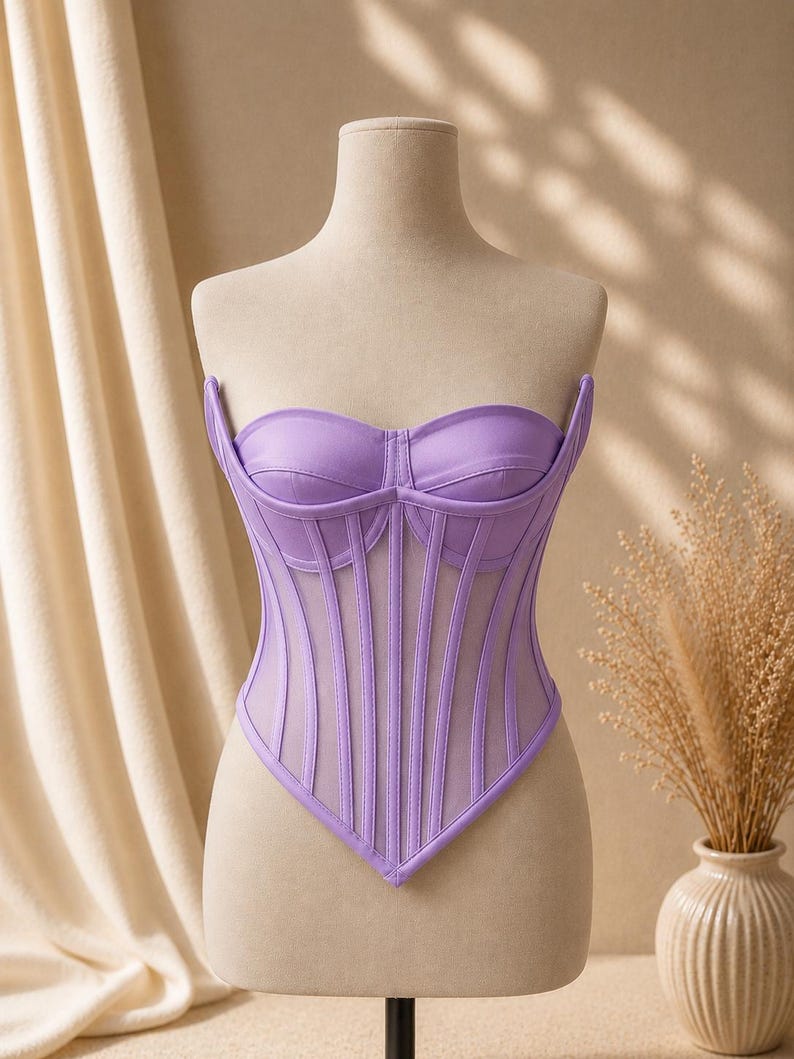 May include: A lavender corset top featuring a sweetheart neckline, structured cups, and vertical boning details. The garment is constructed with a combination of solid lavender fabric panels and sheer mesh inserts, creating a pointed hemline.