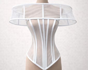Corsé de malla transparente, bustier con hombros descubiertos, conjunto nupcial transparente estructurado, lencería llamativa para festivales.