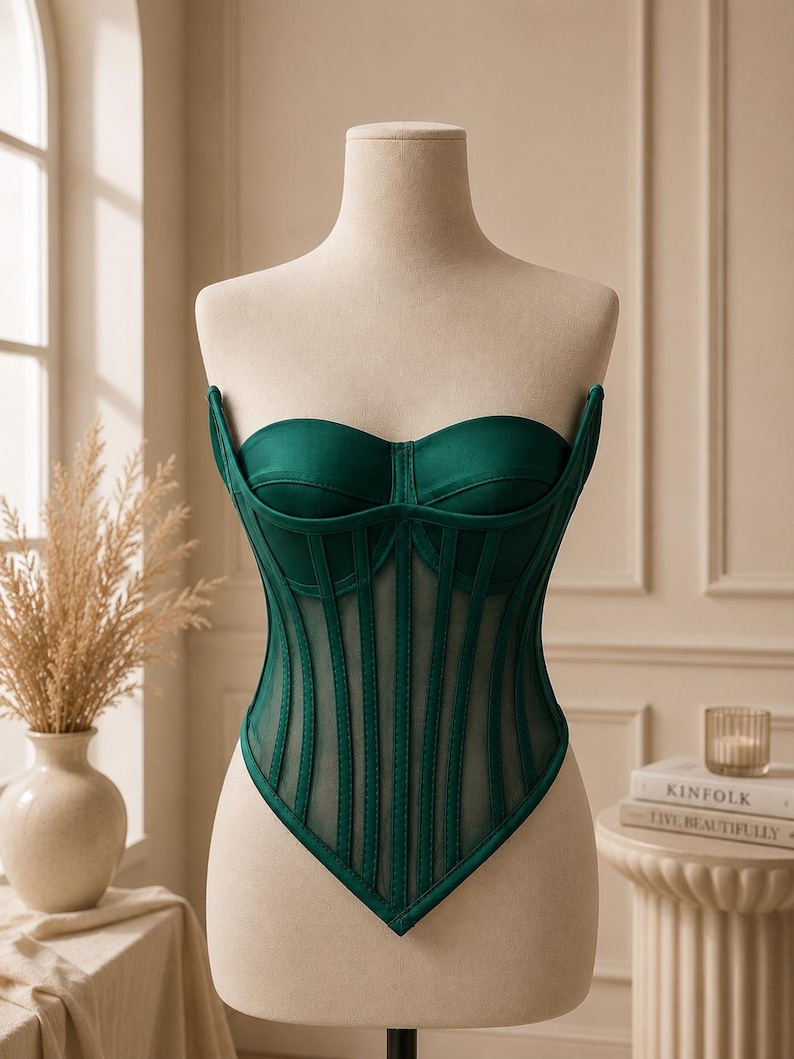 May include: A dark green strapless corset top featuring a sweetheart neckline, structured boning, and vertical sheer mesh panels. The garment has a pointed hemline and a solid opaque fabric finish on the bust and along the vertical seams.
