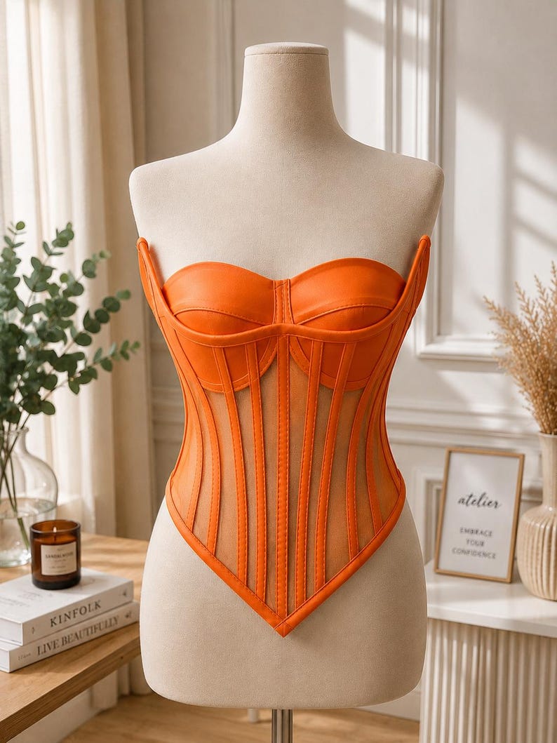 May include: A strapless orange corset top featuring structured cups and vertical boning channels layered over sheer mesh panels. The garment has a pointed hemline and a fitted silhouette, showcasing a combination of solid fabric and transparent sections.