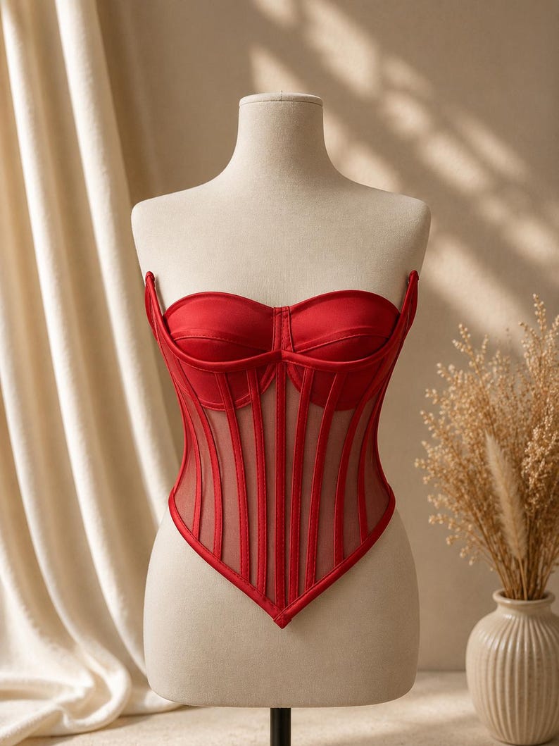 May include: A strapless red corset top featuring a sweetheart neckline, structured cups, and vertical boning channels layered over sheer mesh panels. The garment has a pointed hemline and a fitted silhouette, displayed on a neutral mannequin.