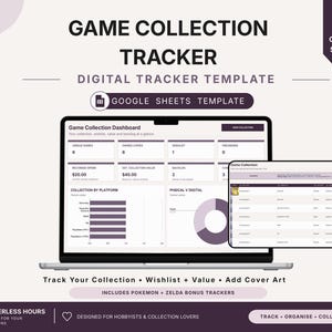 Könnte beinhalten: Eine digitale Spielesammlung-Tracker-Vorlage für Google Sheets, die auf einem Laptop-Bildschirm angezeigt wird. Die Benutzeroberfläche enthält ein Dashboard mit Metriken für einzigartige Spiele, besessene Kopien, Wunschliste, Rückstand und den Gesamtwert.