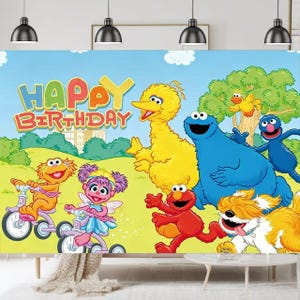 May include: A colorful birthday party backdrop featuring Sesame Street characters. The backdrop includes Big Bird, Cookie Monster, Elmo, and others, with the words "Happy Birthday" in large letters against a blue sky and green grass.
