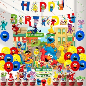 May include: A colorful Sesame Street-themed birthday party decoration set. Includes a banner that says "Happy Birthday", balloons, cupcake toppers, and a cake with the words "Happy Birthday" on it. Features characters like Elmo, Cookie Monster, and Big Bird.