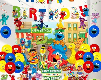 Sesamstraße Geburtstagsparty Dekorations Set: Backdrop Banner Luftballons Cake Topper Cupcake Toppers, Elmo Cookie Monster Party Liefert Kit