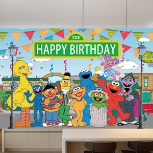 May include: A colorful Sesame Street-themed birthday banner featuring the characters Big Bird, Elmo, Cookie Monster, and others. The banner includes a green sign that reads "Happy Birthday" and a street scene background.