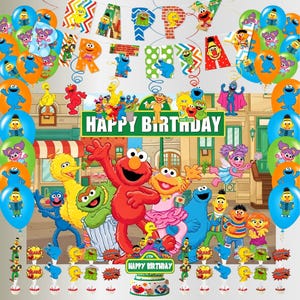 Sesame Street Birthday Party Decorations Set Elmo Party Supplies Kit, Backdrop, Banner, Balloons, Cake Topper Cupcake Toppers, Kids Birthday