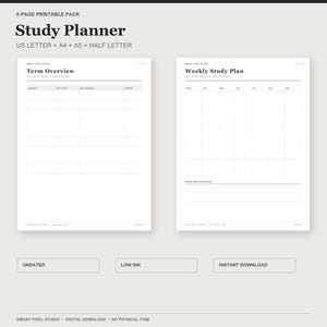 学習プランナー印刷可能バンドル | ミニマルな8ページ、課題、試験、集中セッション用PDF