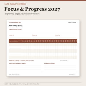 以下が含まれることがあります： Focus & Progress 2027と題されたデジタルプランナーページ。1月から12月までの日付入り。2027年1月の月間トラッカーには、月間の主な成果、3つの優先事項、サポートアクション、およびマーキングキーのセクションが含まれています。