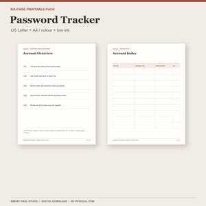 May include: A six-page printable password tracker document set featuring an Account Overview page with five numbered security tips and an Account Index page with a grid for service, username, stored where, and 2FA details in black and beige.