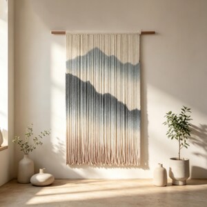 Handwoven Mountain Landscape Macrame Wall Hanging, Neutral Gradient Fiber Tapestry, Modern Boho Chic Wall Art For Bedroom,Living Room,Office