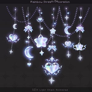 May include: Animated light chain decoration with a rainbow theme. The design features glowing stars, moons, hearts, and bows, all in a soft, iridescent color palette. The text "Rainbow Stream Decoration" and "12X Light Chain Animated" are visible.