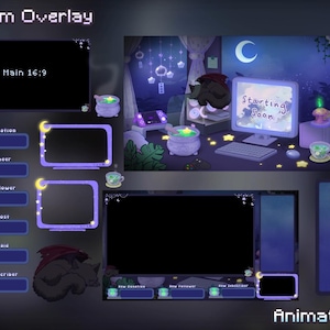 May include: Animated stream overlay design with a dark blue and purple color scheme. The design includes a main screen, chat boxes, and alert boxes. The text "Stream Overlay" and "Main 16:9" are visible. The monitor displays "Starting Soon".