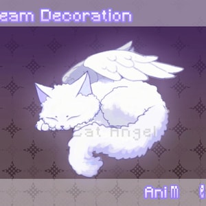 Puede incluir: Ilustración digital de un gato blanco con alas de ángel, etiquetado como "Cat Angel". El gato está acurrucado, durmiendo, con el texto "Stream Decoration" arriba. El fondo es un degradado púrpura con un patrón de diamantes repetido.