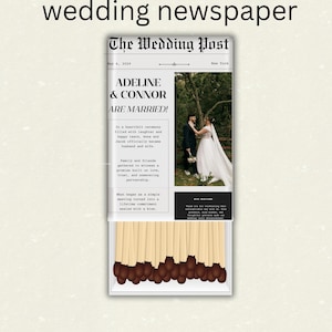 May include: A matchbox featuring a wedding newspaper design. The newspaper reads "The Wedding Post" with the headline "Adeline & Connor Are Married!" and includes a photo of the couple. The match heads are brown.