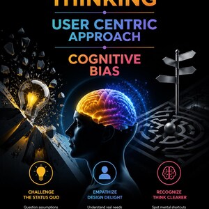 以下が含まれることがあります： 「DISRUPTIVE THINKING」「USER CENTRIC APPROACH」「COGNITIVE BIAS」と題されたポスター。光る脳を持つ人の頭部のシルエット、砕ける電球、標識のある迷路が描かれています。テキストには「CHALLENGE THE STATUS QUO」「EMPATHIZE DESIGN DELIGHT」「RECOGNIZE THINK CLEARER」「THINK DIFFERENT. THINK HUMAN. THINK AHEAD.」が含まれています。