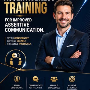 May include: A promotional graphic for Assertiveness Training featuring a smiling individual in a dark blue suit. Text includes Assertiveness Training, Speak Confidently, Express Clearly, Influence Positively, Build Confidence, Communicate with Clarity, Handle Challenges, Achieve Stronger Outcomes, and Be Heard. Be Respected. Lead Forward.