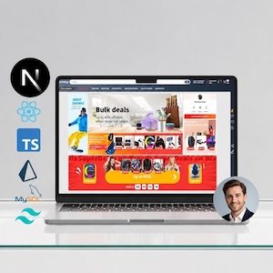 May include: A laptop displaying an e-commerce website with a red banner, product images, and a countdown timer. To the left are icons for Next.js, React, TypeScript, Prisma, MySQL, and Tailwind CSS. A circular portrait of a man is on the right.