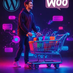 Puede incluir: Una persona con sudadera oscura y vaqueros empuja un carrito de la compra metálico lleno de bolsas de colores. El fondo muestra iconos digitales de neón y el texto WordPress y Woo en un entorno de luz vibrante de color púrpura y azul.