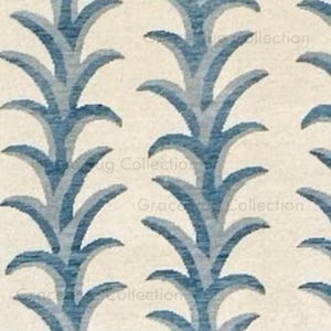 May include: A repeating pattern of stylized blue and light blue palm fronds on a cream-colored background. The design is symmetrical, with the fronds arranged in vertical rows, creating a textured, decorative surface.