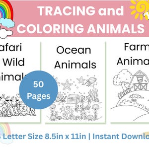 Op de afbeelding: Een digitale download met drie kleurboekomslagen: Safari & Wilde dieren, Oceaan dieren en Boerderij dieren. De omslagkunst is zwart-wit lijntekeningen. De tekst luidt "TRACING and COLORING ANIMALS" en "50 Pages". Papierformaat 21,6 cm x 27,9 cm.