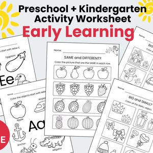 May include: A collection of black and white preschool and kindergarten activity worksheets. The worksheets feature early learning exercises, including matching, coloring, and identifying objects. The text on the worksheets includes "Early Learning" and "37 PAGE".