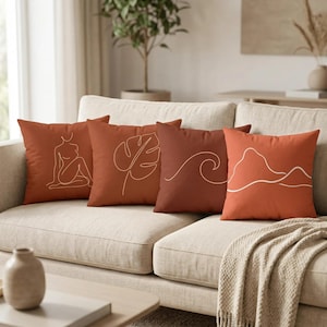 Boho Throw Pillow Cover Minimalist Line Art Terracotta Earth Tones Faux Suede